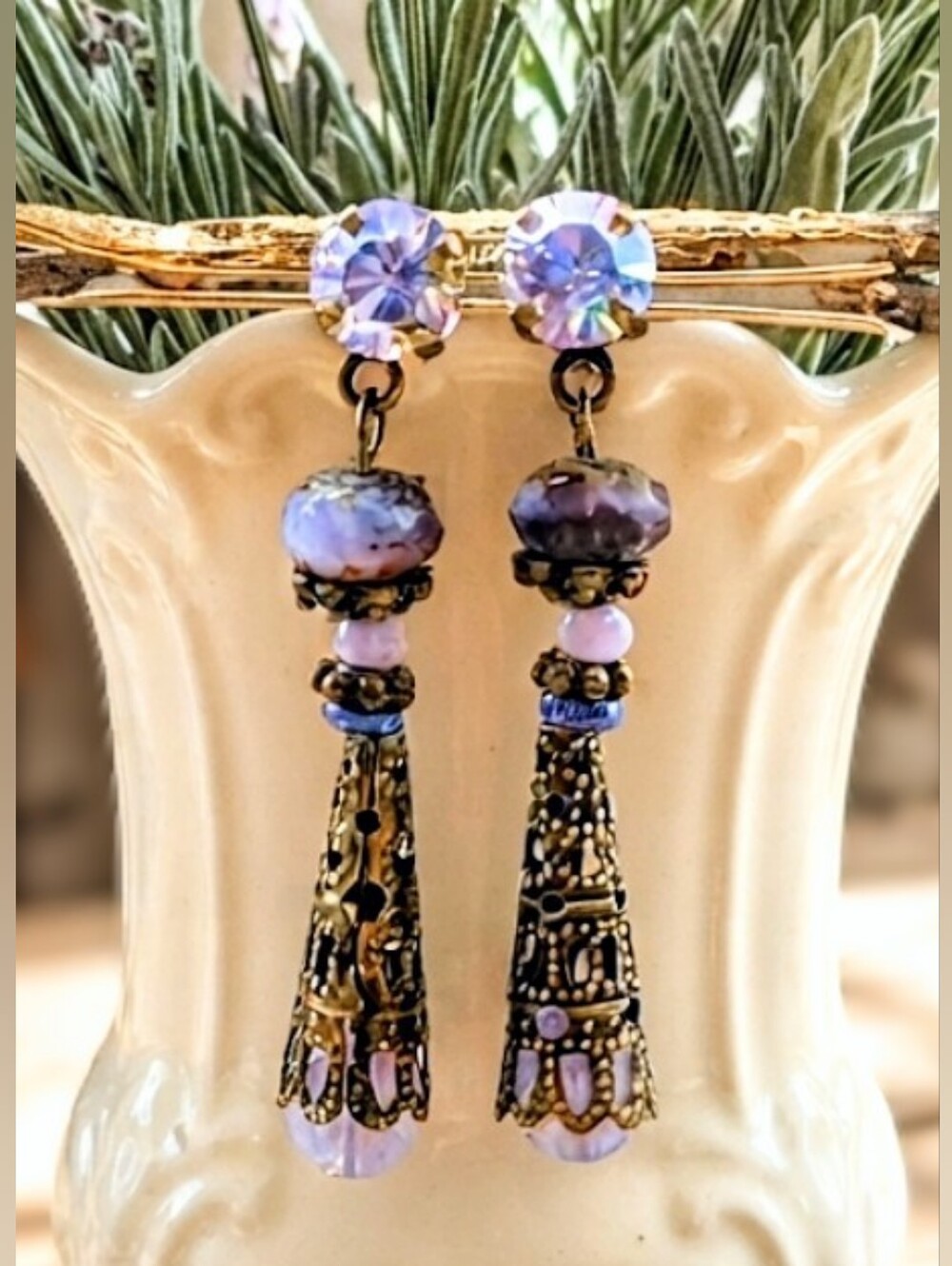 Victorian Lavender Opalite & Swarovski Crystal In Long Filligree Brass Earrings